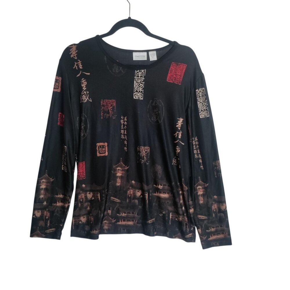 Chico's Black Long-Sleeve Tee with Red & Tan Script Motifs